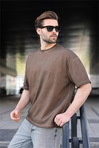 Kahverengi %100 Pamuklu Bisiklet Yaka Oversize Erkek Tişört E7177
