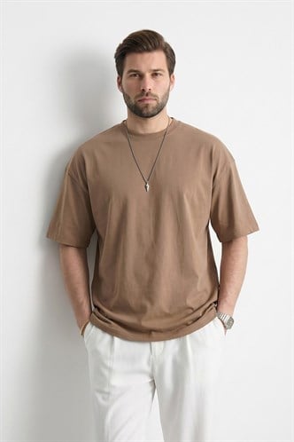Erkek Kapuçino Oversize Fit Basic Tişört 6066
