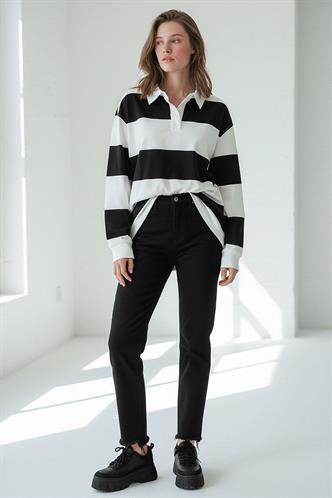 Beyaz Çizgili Düğmeli Polo Yaka Kadın Uzun Kollu Tişört  MG2586