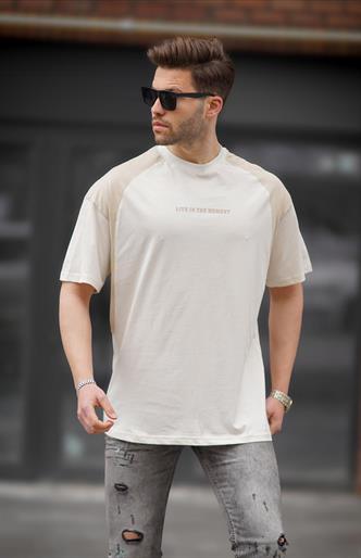 Ekru Bisiklet Yaka Oversize Tişört 7002