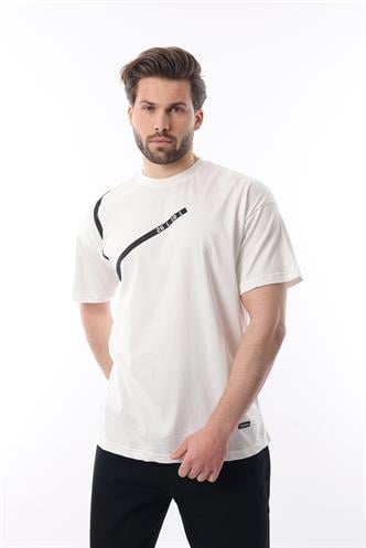 Ekru Bisiklet Yaka Şerit Detaylı Pamuklu Erkek T-shirt E7033