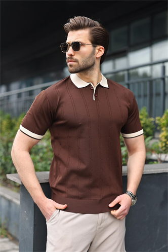 Kahverengi Polo Yaka Triko Erkek Tişört E7470