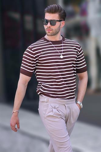 Kahverengi Bisiklet Yaka Çizgili Kısa Kollu Erkek Tişört 6884