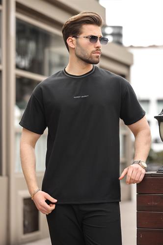 Siyah Nakış Detaylı Basic Erkek T-shirt E7106