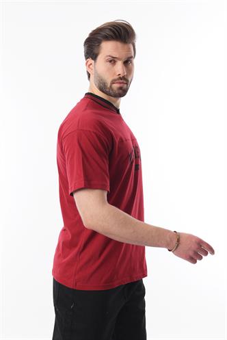 Bordo V Yaka Baskılı Kısa Kollu Overfit Tişört 7039
