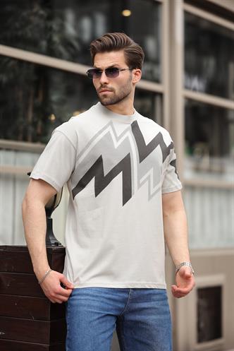 Boyalı Gri Baskılı %100 Pamuk Erkek T-shirt E7111