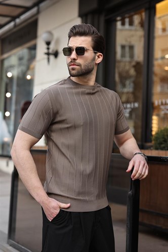 Madmext Erkek Açık Kahverengi Triko Tişört 5684