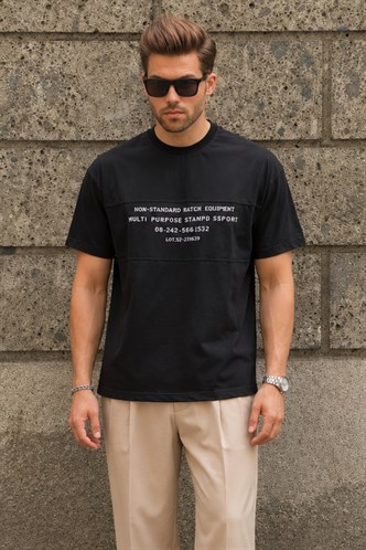 Siyah Oversize Bisiklet Yaka Baskılı Erkek Tişört 7018