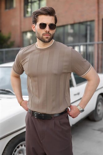 Açık Kahverengi Bisiklet Yaka Regular Fit Triko Erkek Tişört E7487