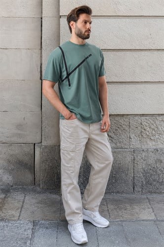 Yeşil Bisiklet Yaka Şerit Detaylı Pamuklu Erkek T-shirt E7033