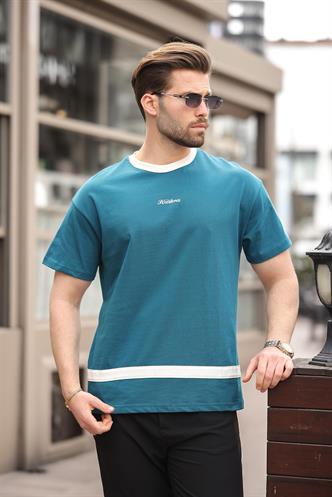 Petrol Mavisi Baskılı %100 Pamuklu  Erkek T-shirt E7135