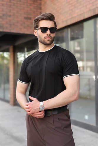 Siyah Bisiklet Yaka Regular Fit Triko Erkek Tişört E7487