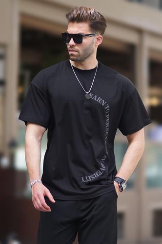 Siyah Bisiklet Yaka Baskılı Kısa Kollu Overfit Tişört 7040