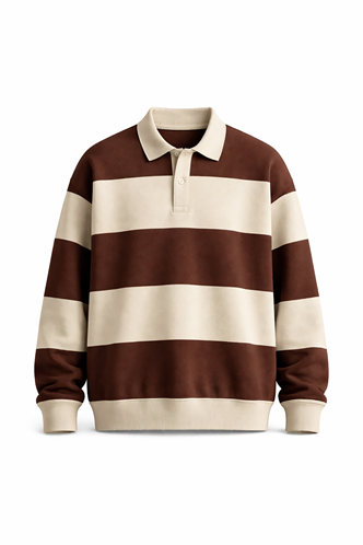 Bej Çizgili Düğmeli Polo Yaka Kadın Uzun Kollu Tişört  MG2586