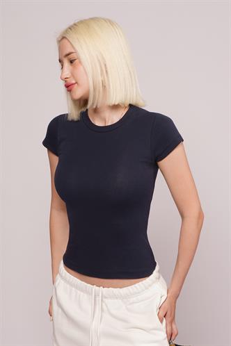 Lacivert Bisiklet Yaka Basic Kadın T-shirt Mg2479