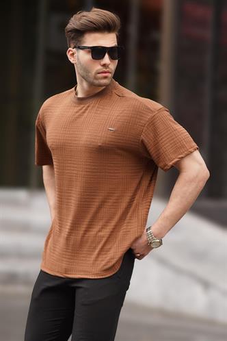 Kahverengi Oversize Bisiklet Yaka Erkek Tişört 6191