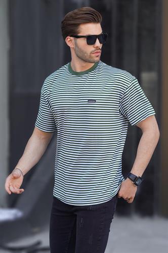 Haki Bisiklet Yaka Çizgili Kısa Kollu Arma Detaylı Erkek T-shirt 7031
