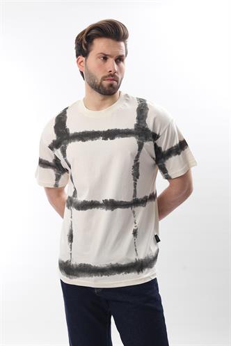 Ekru Bisiklet Yaka Baskılı Basic Erkek T-shirt E7109