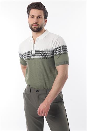 Beyaz Fermuarlı Polo Yaka Desenli Erkek T-shirt E7296