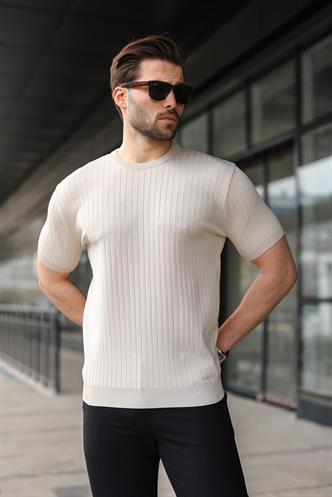 Taş Rengi Bisiklet Yaka Triko Erkek Tişört E7460