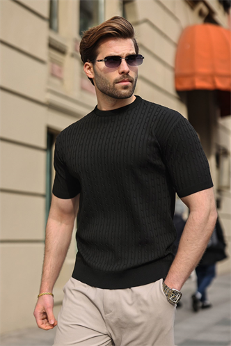 Siyah Bisiklet Yaka Triko Erkek Tişört E7468