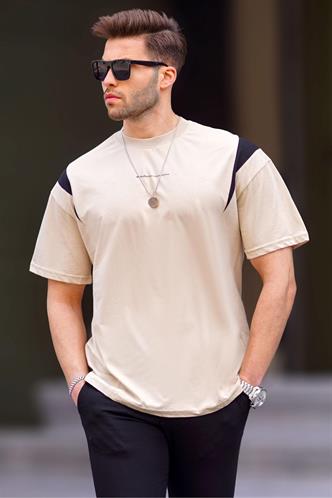 Bej Oversize Bisiklet Yaka Tişört 7003