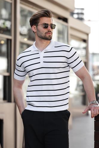 Beyaz Çizgili Polo Yaka Erkek T-shirt E7405