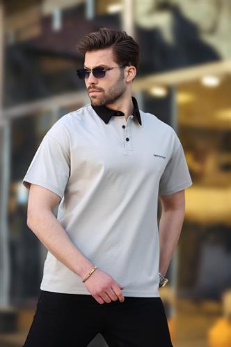 Madmext Boyalı Gri Düğmeli Polo Yaka Erkek T-shirt E7119