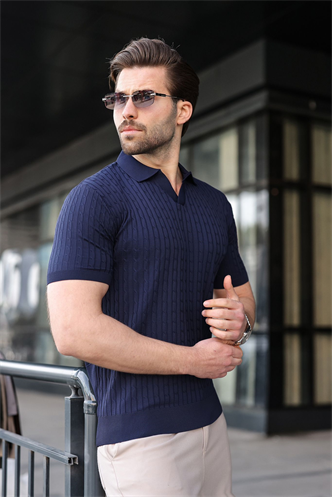 Lacivert Slim Fit Polo Yaka Triko Erkek Tişört E7472