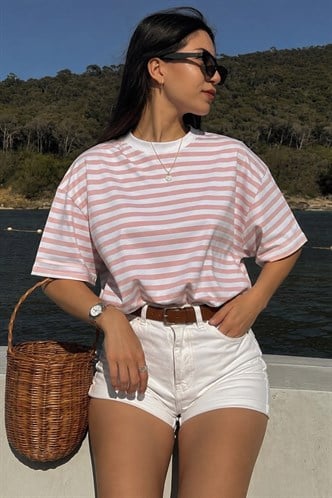 Pembe Çizgili Bisiklet Yaka Tişört MG1656