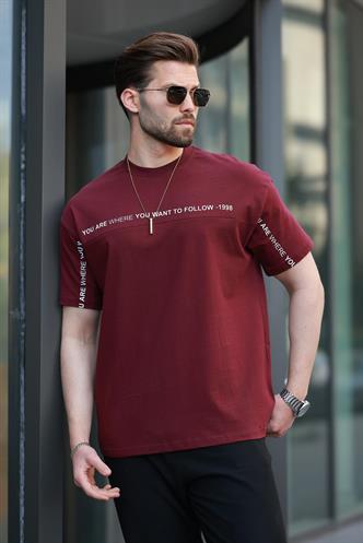 Bordo Bisiklet Yaka Baskılı Basic Tişört E7156