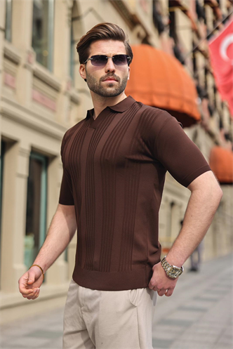 Kahverengi Polo Yaka Triko Erkek Tişört E7469