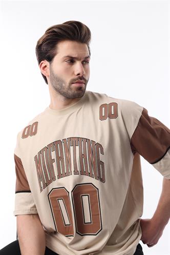 Bej Baskılı Pamuklu Oversize Erkek T-shirt 7035