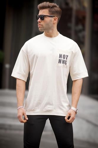 Ekru Cep Detaylı Oversize Tişört 7008