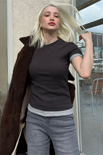 Siyah Bisiklet Yaka Çift Renkli Basic Tişört MG2682