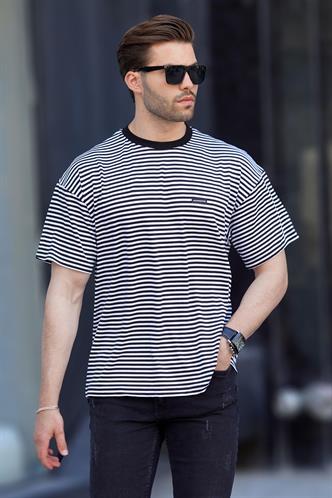 Siyah Bisiklet Yaka Çizgili Kısa Kollu Arma Detaylı Erkek T-shirt 7031