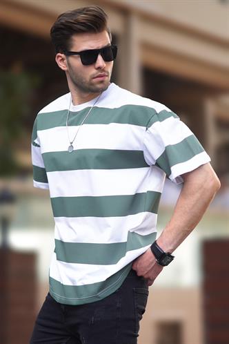 Haki Oversize Renk Bloklu Bisiklet Yaka Kısa Kollu Tişört 7030