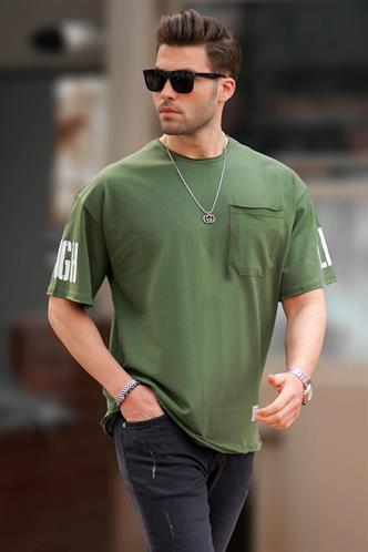 Haki Cep Detaylı Kolu Baskılı Basic Erkek Tişört 7016