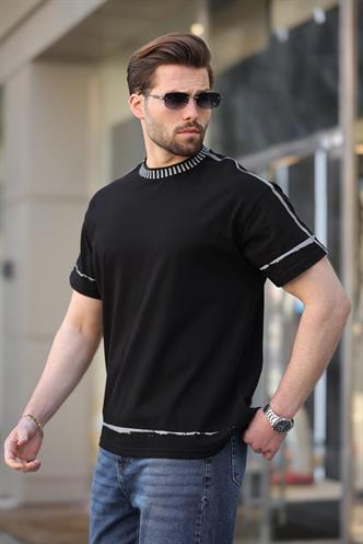 Siyah %100 Pamuklu Bisiklet Yaka Basic Erkek Tişört E7140