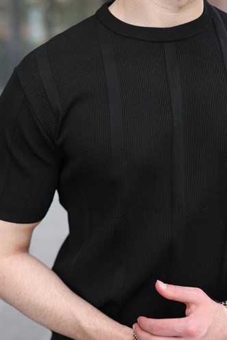 Siyah Regular Fit Bisiklet Yaka Fitilli Triko Erkek Tişört E7490