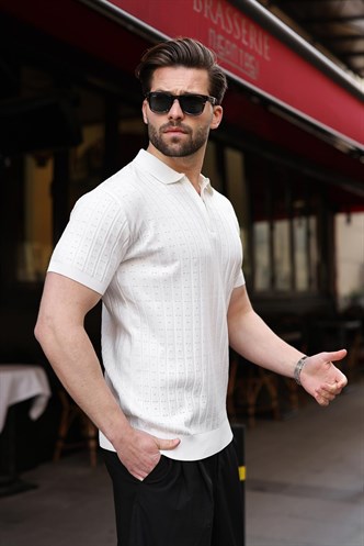 Beyaz Polo Yaka Slim Fit Triko Erkek Tişört E7465