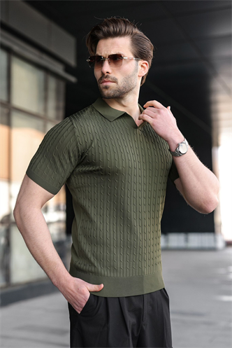 Haki Slim Fit Polo Yaka Triko Erkek Tişört E7472