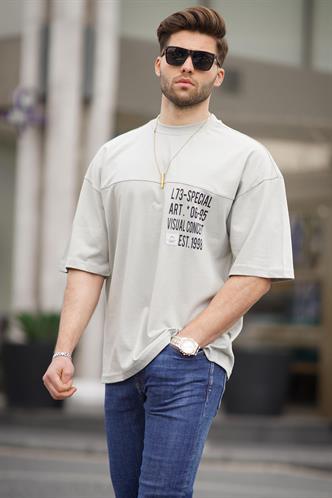 Boyalı Gri Oversize Baskılı Erkek Tişört 6193