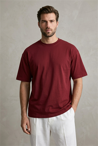 Erkek Bordo Oversize Fit Basic Tişört 6066