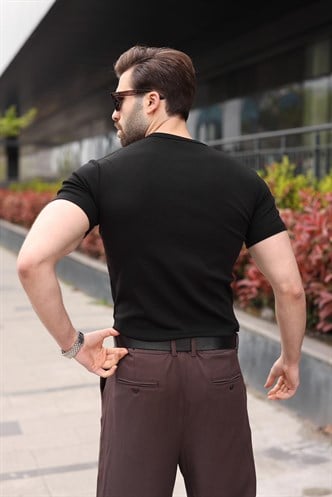 Siyah Yarım Düğmeli Slim Fit Erkek Tişört E7186
