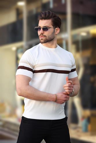 Madmext Beyaz Bisiklet Yaka Çizgili Erkek T-shirt E7412