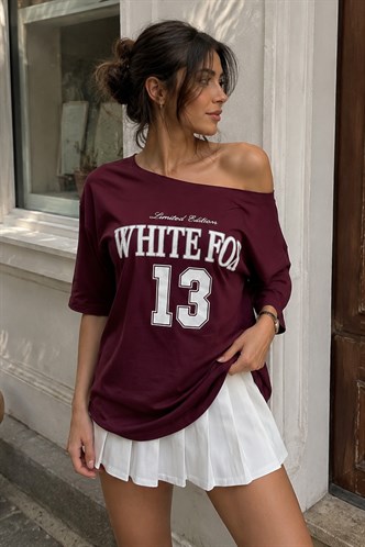 Bordo Kayık Yaka Oversize Baskılı Tişört MG2824