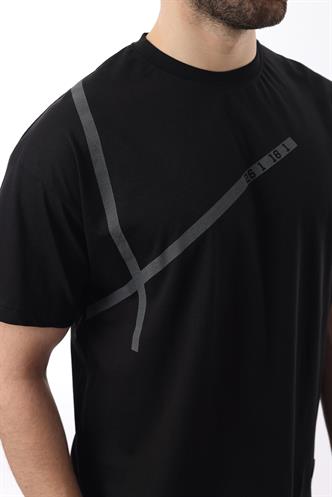 Siyah Bisiklet Yaka Şerit Detaylı Pamuklu Erkek T-shirt E7033