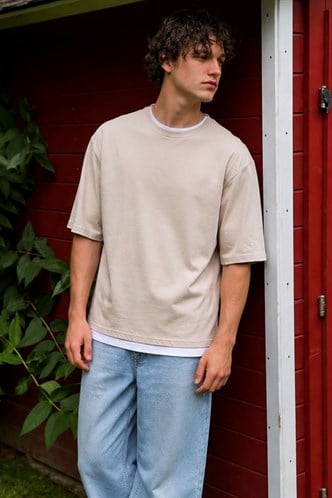 Madmext Oversize Bej Erkek Tişört 4978