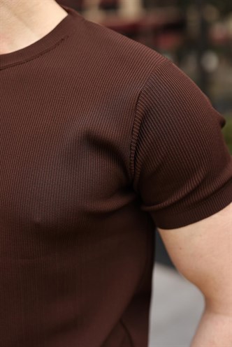 Kahverengi Bisiklet Yaka Fitilli Erkek Tişört E7474